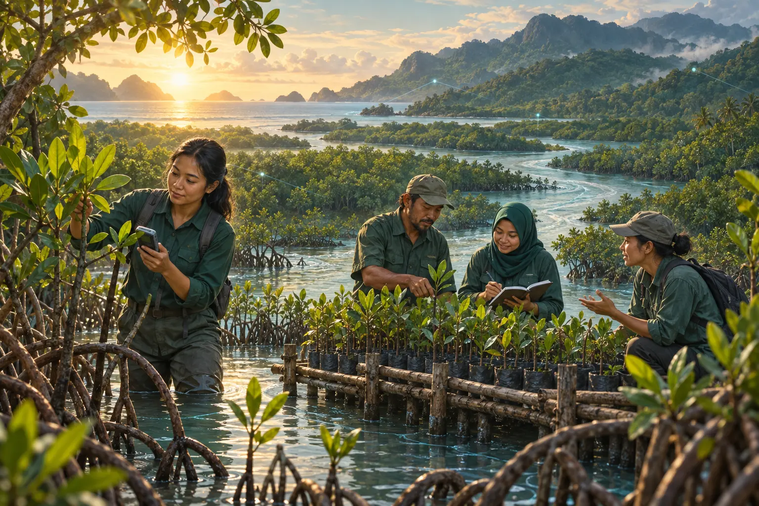 Ilustrasi anggota masyarakat merawat dan memantau mangrove bersama.
