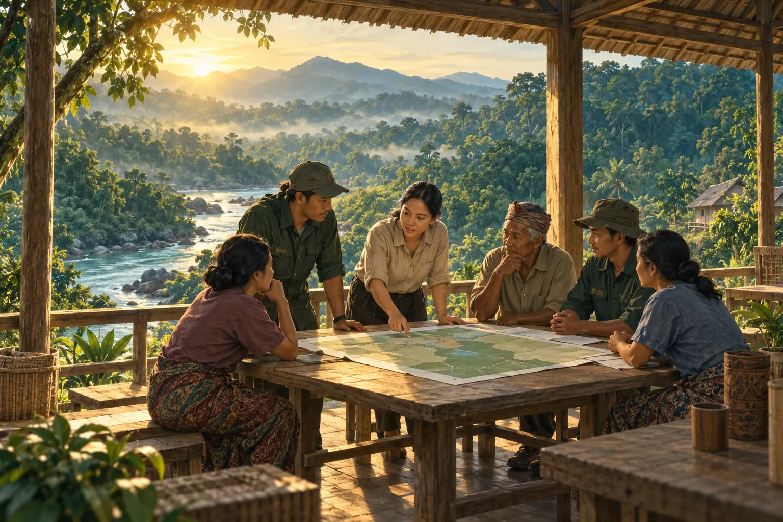Ilustrasi masyarakat bermusyawarah bersama di atas peta ruang hidupnya.