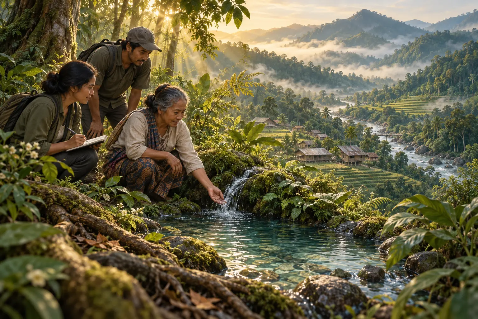 Ilustrasi tetua berbagi pengetahuan tentang mata air dengan anggota masyarakat.